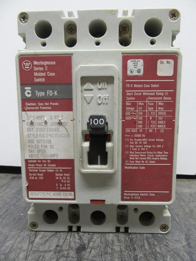 Used CUTLER HAMMER CIRCUIT BREAKER FD3100KL 100 AMP 3-POLE 600 VAC **WARRANTY**