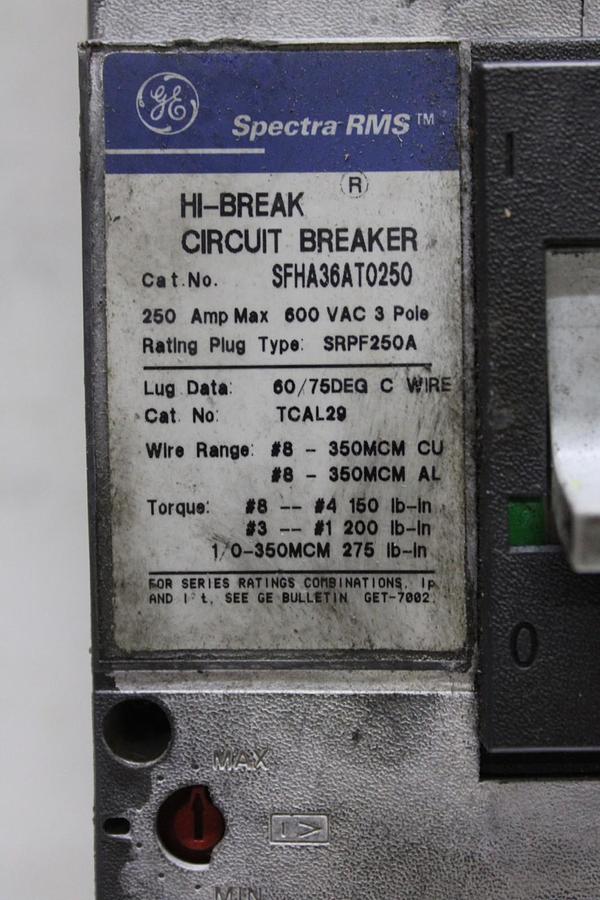 Used GENERAL ELECTRIC SPECTRA CIRCUIT BREAKER SFHA36AT0250 250 AMP 3-POLE 600 VAC