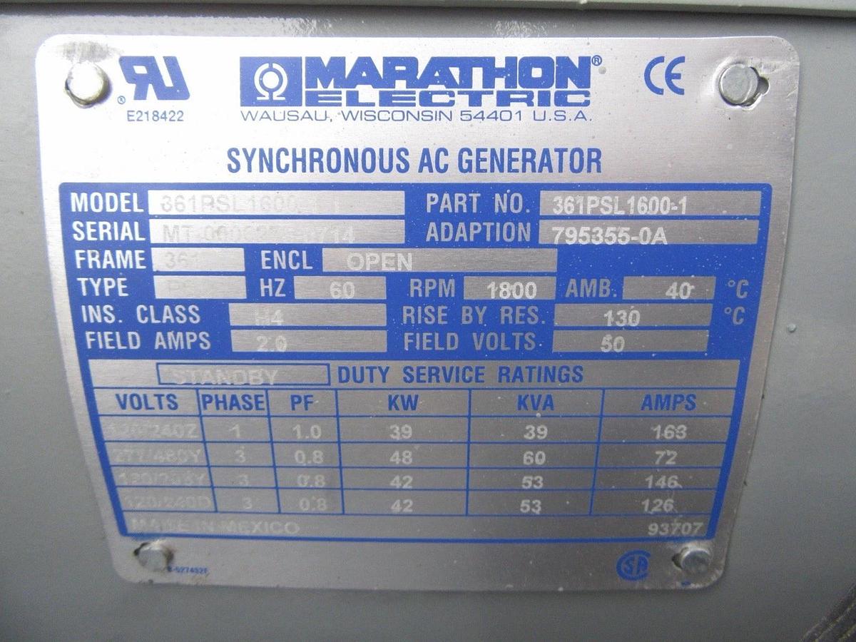 Used 30 KW GENERATOR MTU 4.3 NAT. GAS LP PROPANE 120/240 VOLT 1PH 231 HRS 40KW 2014