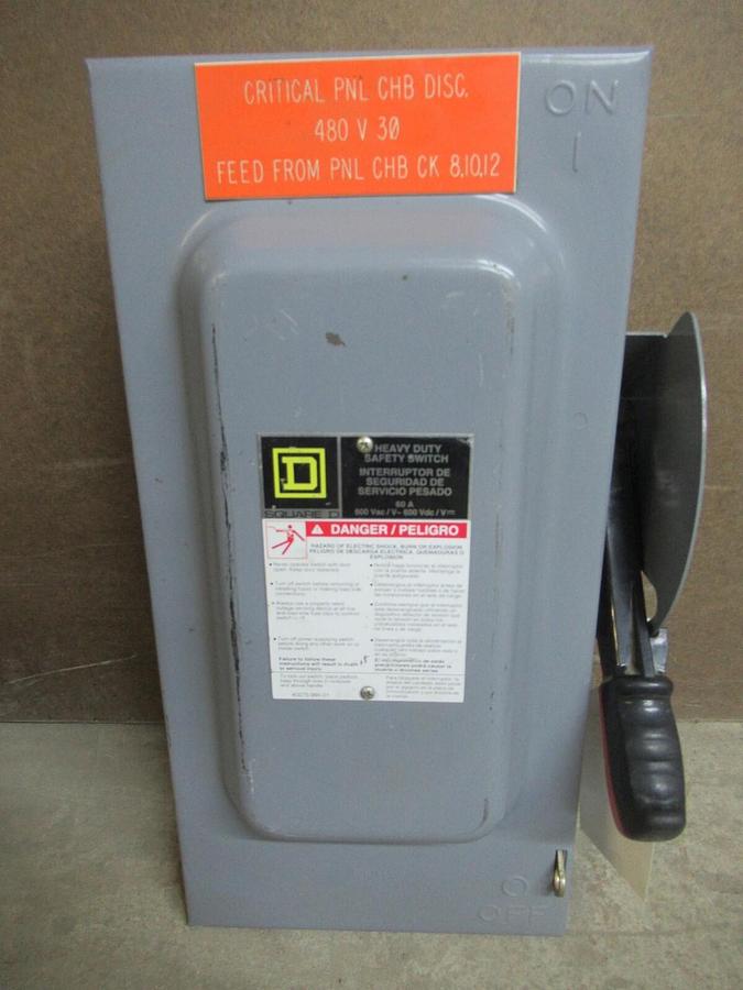 Used SQUARE D HEAVY DUTY SAFETY SWITCH HU362 TYPE 1 ENCL. 60 AMP 60 HP 600 VAC 3-POLE