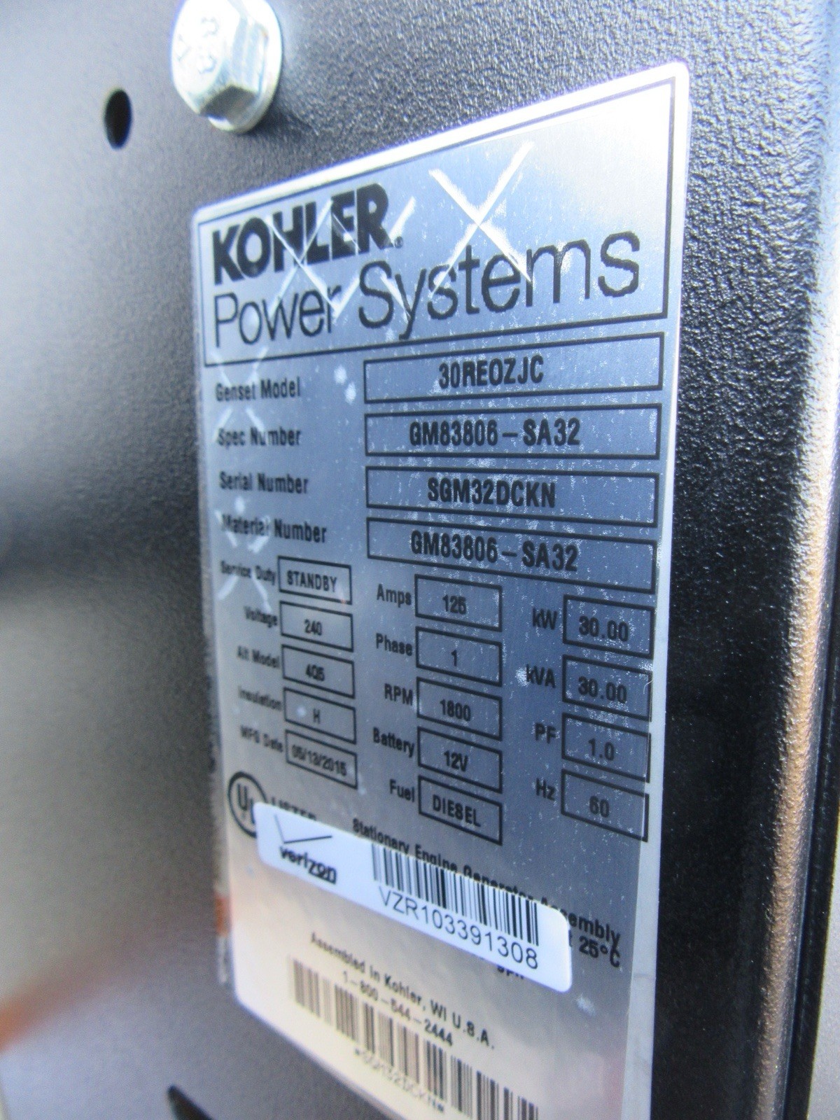 Used 30KW DIESEL GENERATOR KOHLER 120/240 VOLT 4024 JOHN DEERE 259 HRS SINGLE PHASE