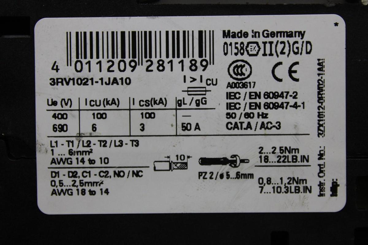 Used SIEMENS MANUAL MOTOR STARTER 3RV1021-1JA10 600 VOLT 7-10 AMP 10 HP *WARRANTY*