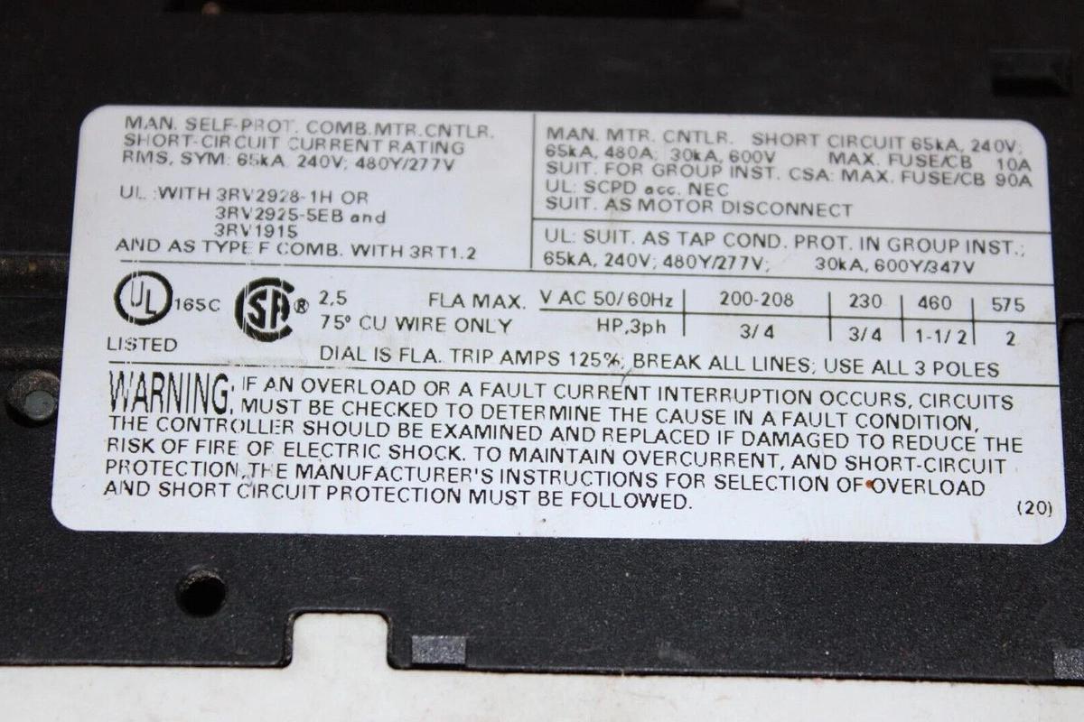 Used SIEMENS MANUAL MOTOR STARTER 3RV1021-1CA10 600 VAC 2.5 AMP 2HP **WARRANTY**