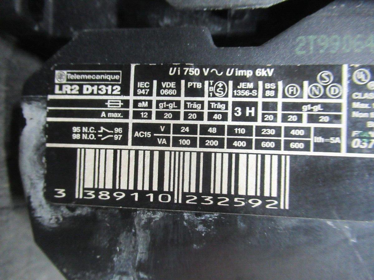 Used TELEMECANIQUE STARTER LC1D1206 W/ OVERLOAD RELAY LR2-D1312 25 AMP 600 VAC 10 HP