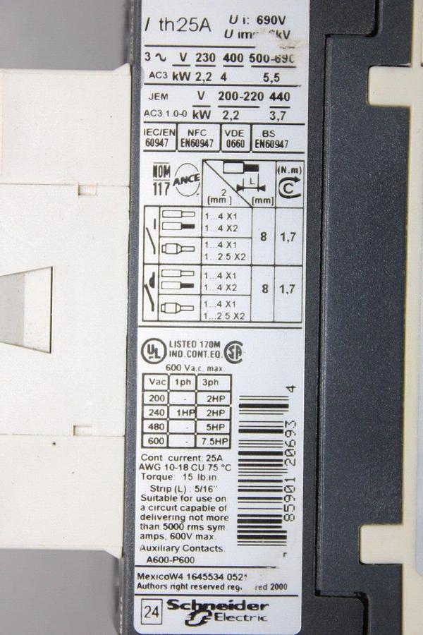 Used TELEMECANIQUE CONTACTOR LC1D09 600 VAC 25 AMP 7.5 HP **WARRANTY**