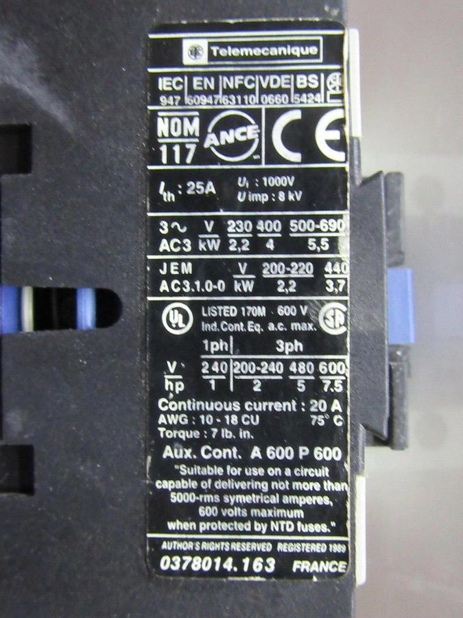 Used SQUARE D CONTACTOR LC1-D0901 600 VOLT 20 AMP 7.5 HP COIL: 110 VOLT