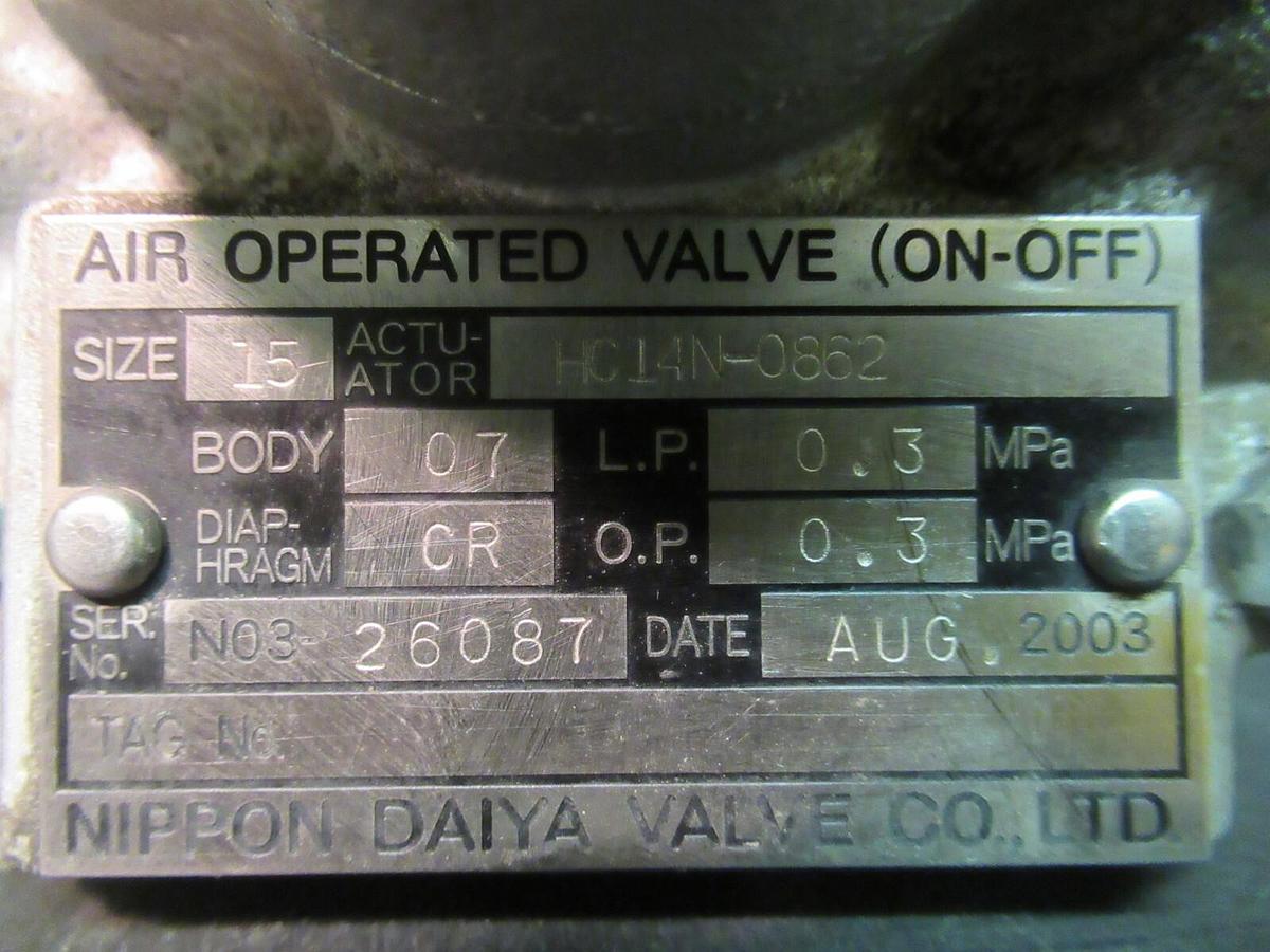 Used NIPPON DAYA AIR OPERATED STEEL VALVE HC14N-0841 DIAMETER: 15 MM CR DIAPHRAM