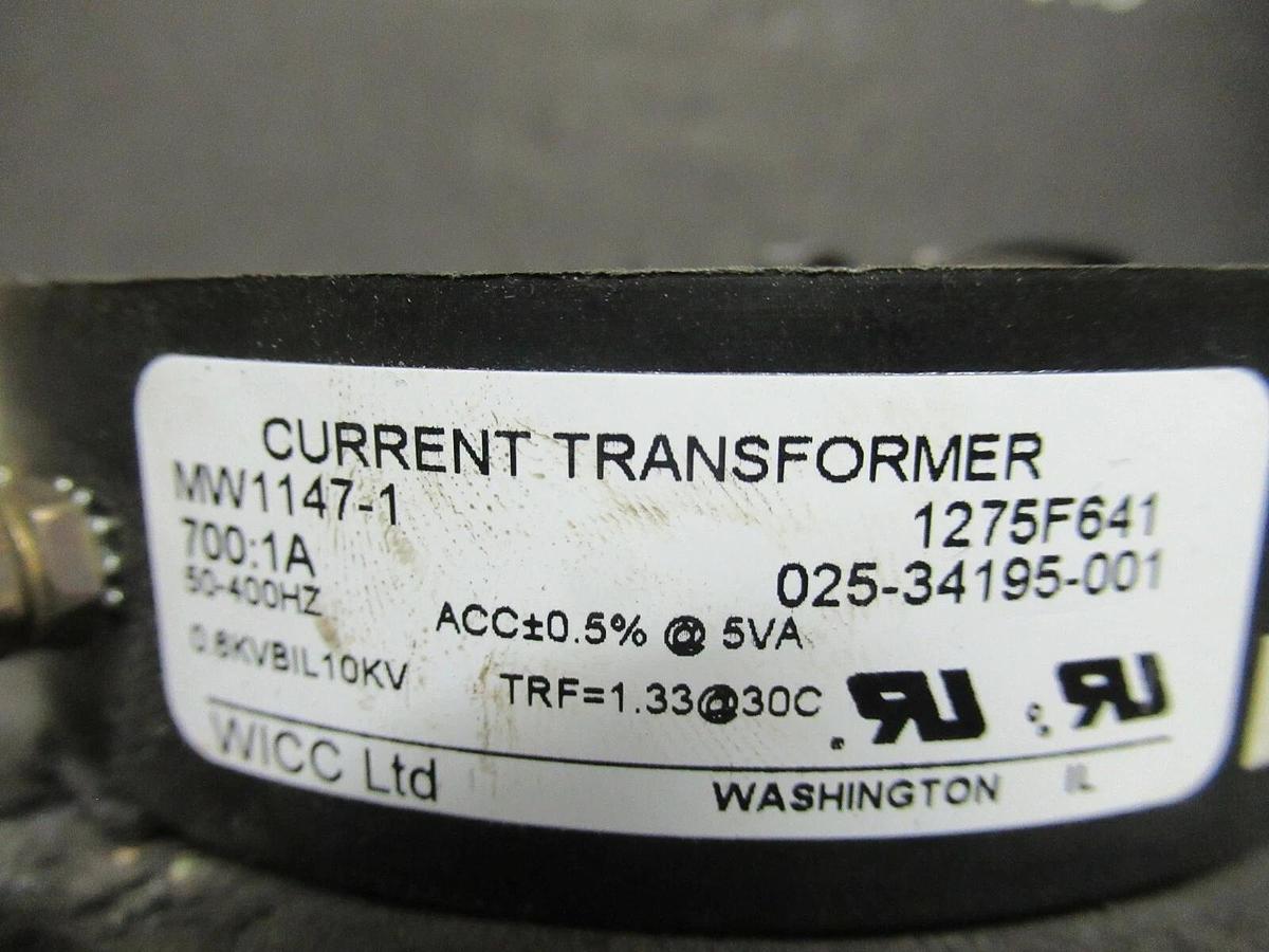 Used WICC LTD MW1147-1 CT CURRENT TRANSFORMER 700:1 RATIO 025-34195-001 50 - 400HZ