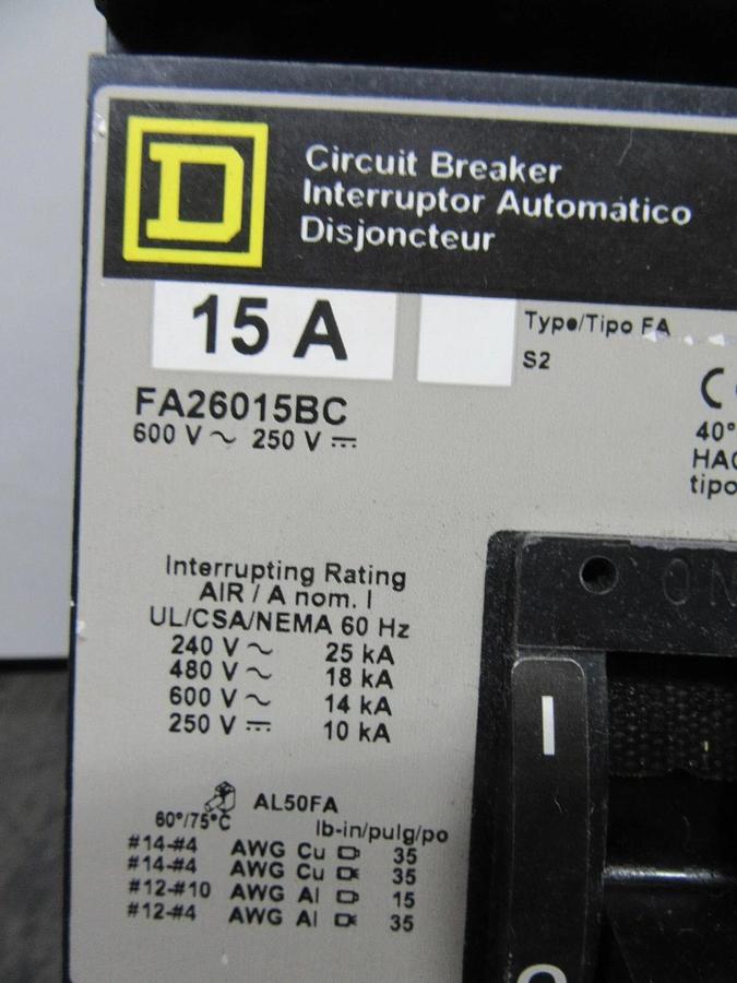Used SQUARE D I-LINE CIRCUIT BREAKER FA26015BC 2-POLE 15 AMP 600 VAC **WARRANTY**