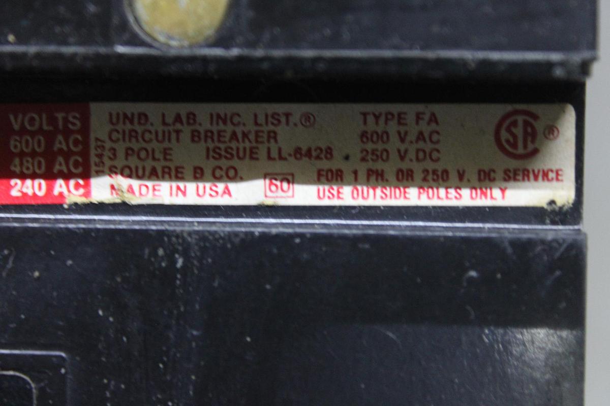 Used SQUARE D I-LINE CIRCUIT BREAKER FA36050 50 AMP 600 VAC 3-POLE