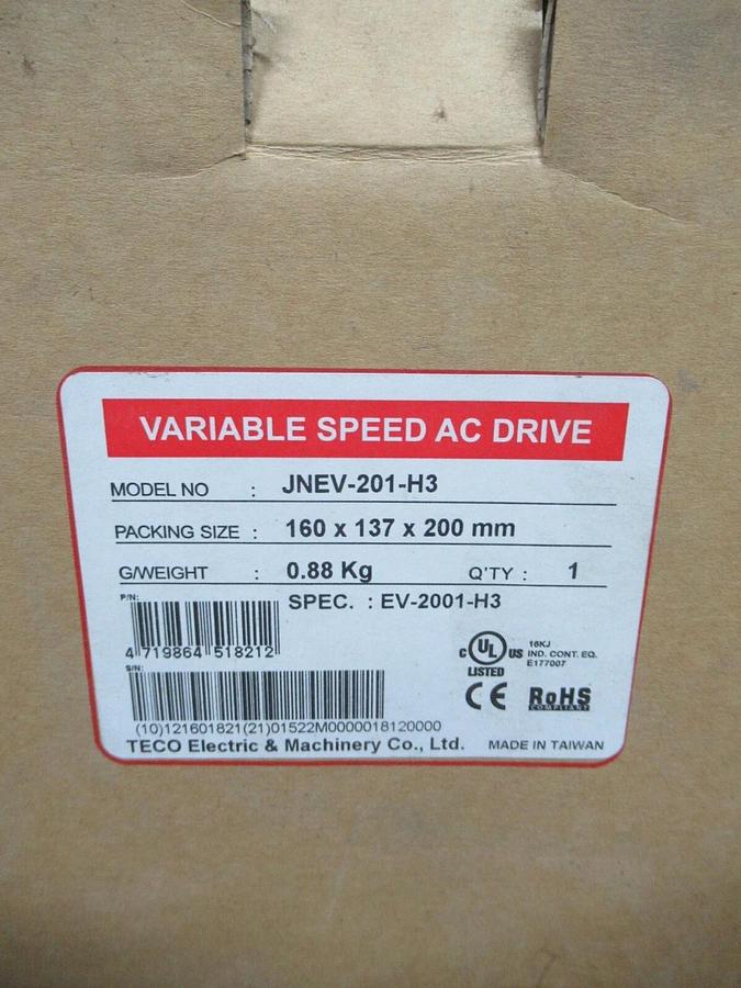 NEW SURPLUS TECO VARIABLE AC SPEED DRIVE JNEV-201-H3 1 HP 0.75 KW 240 VOLT