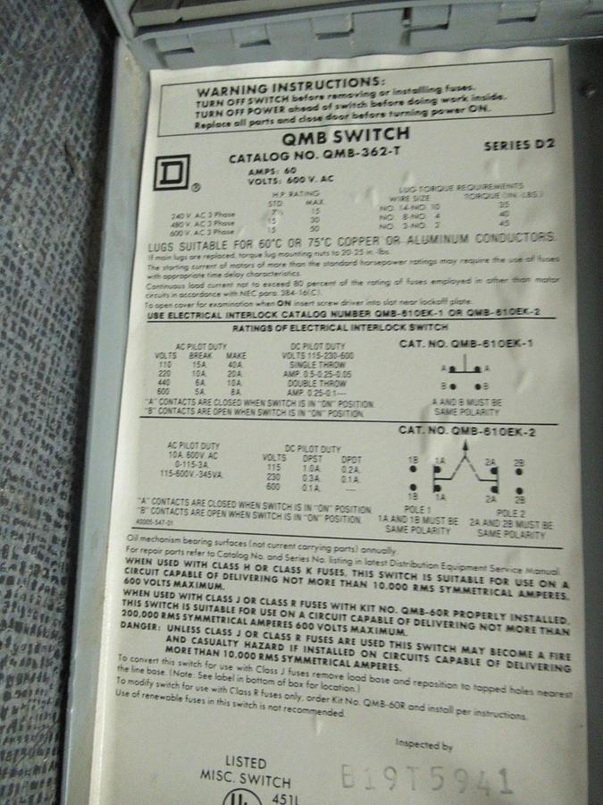 Used SQUARE D TWIN QMB SWITCH UNIT QMB-362-T 600V 60A 50HP **WARRANTY INCLUDED**