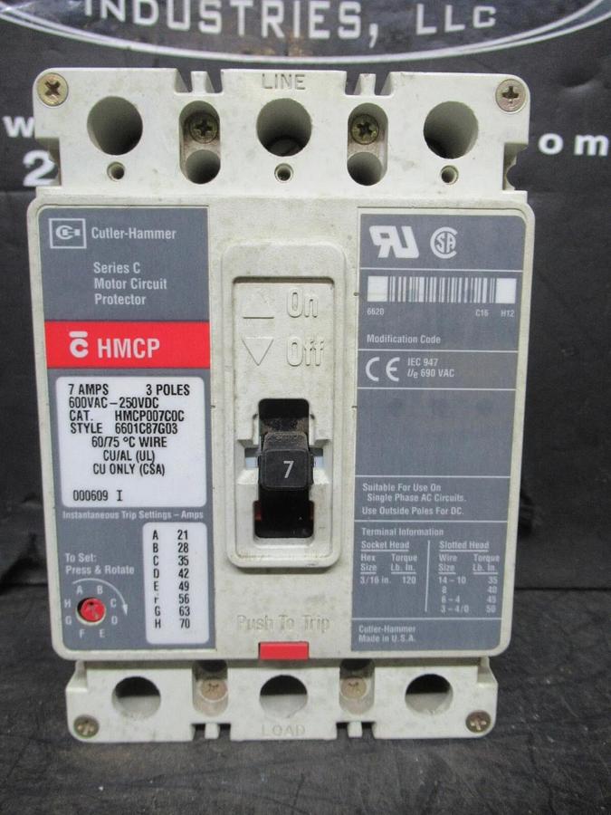 Used CUTLER HAMMER BREAKER HMCP007COC 7 AMP 3-POLE 600 VAC 250 VDC W/ LUGS