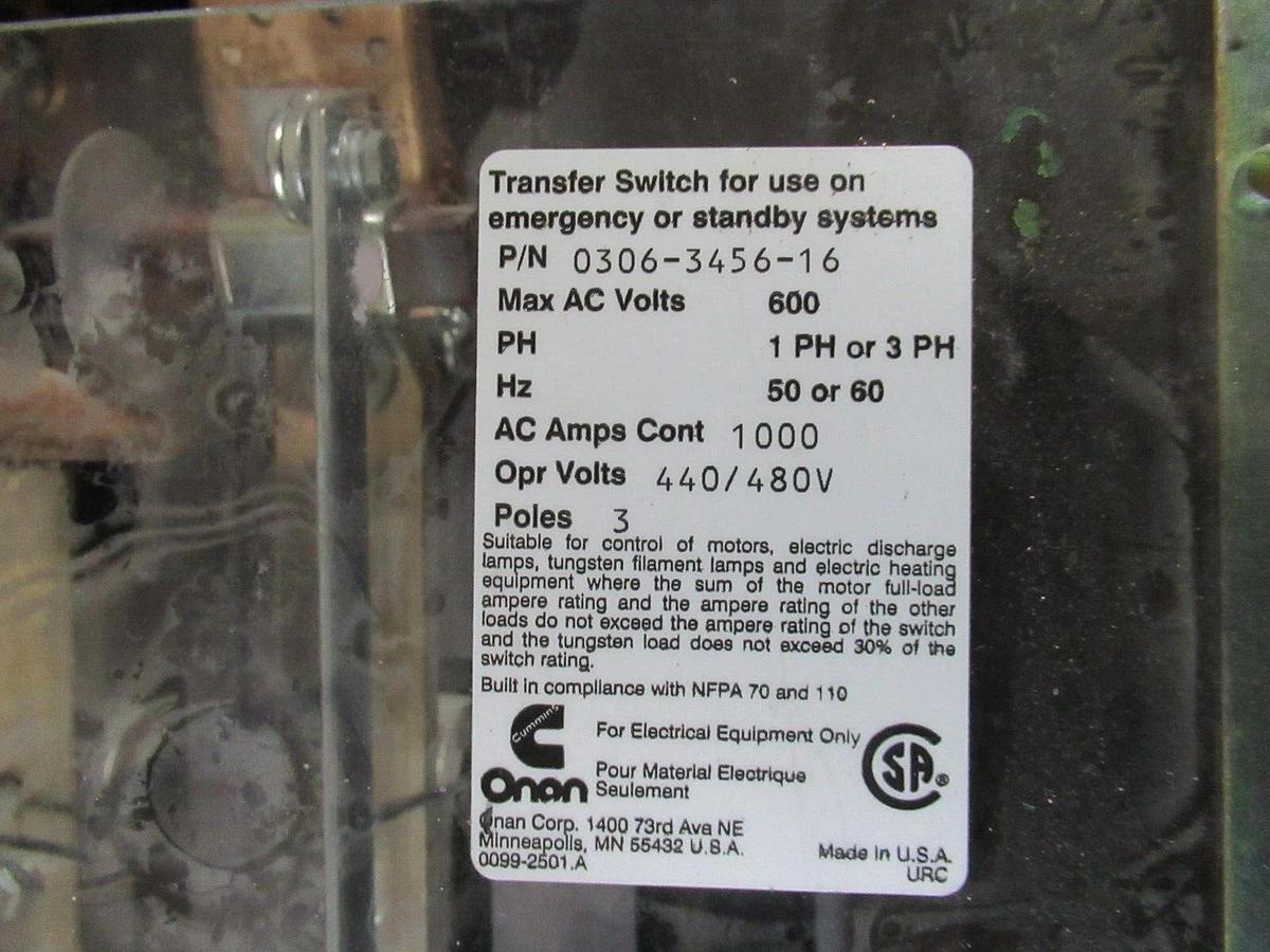 Used ONAN AUTOMATIC TRANSFER SWITCH OTD-4958740 480 V 3 PHASE 1000 AMP 0306-3456-16