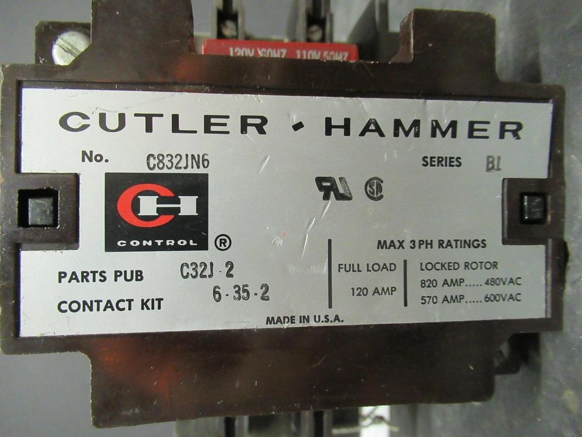 Used 120 AMP CUTLER HAMMER CONTACTOR C832JN6 SER. B1 COIL: 120 VAC **WARRANTY**