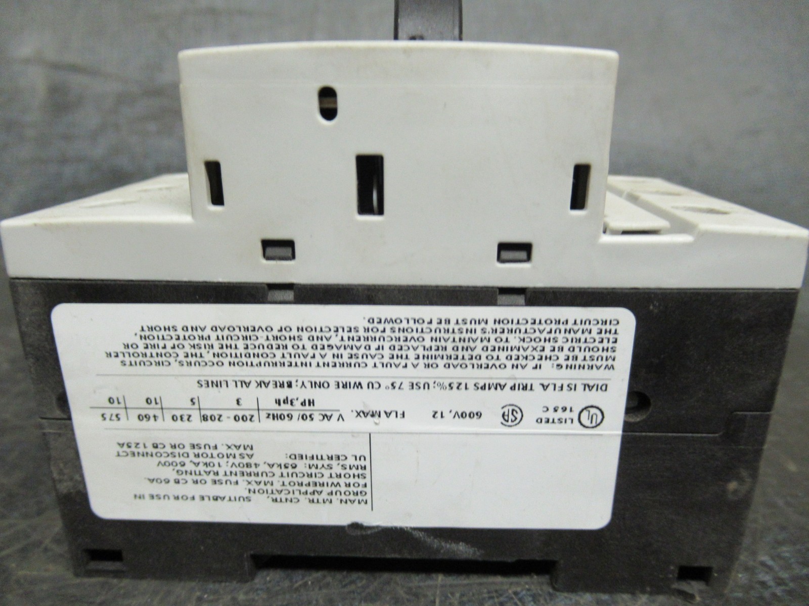Used SIEMENS MANUAL MOTOR STARTER 3RV1011-1KA10 600 VOLT 12 AMP 10 HP G/070314