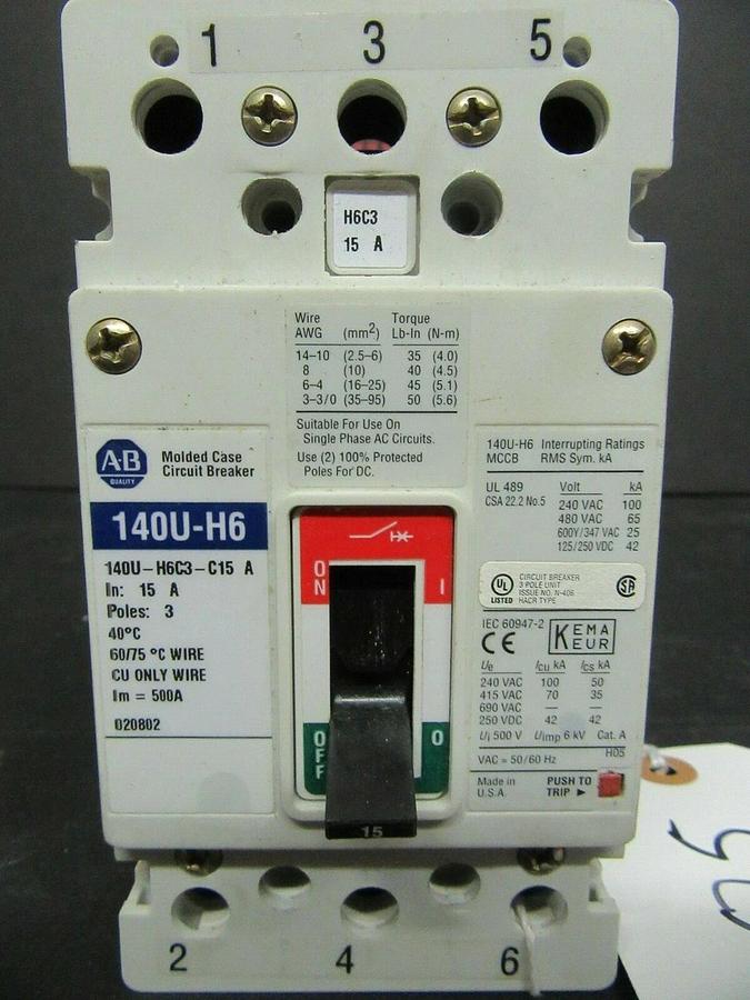 Used 15 AMP ALLEN BRADLEY 140U-H6 BREAKER 140U-H6C3-C15 3 POLE 480 VAC **WARRANTY**
