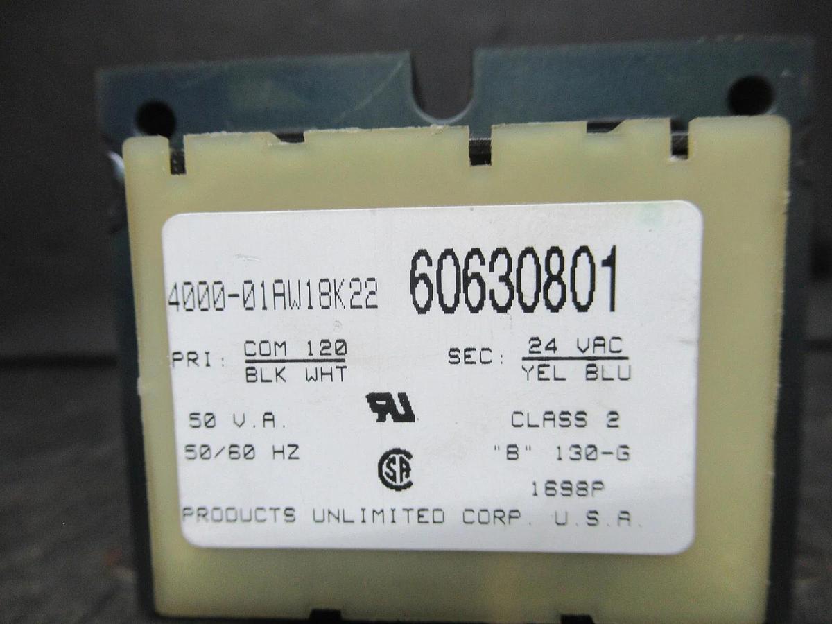 Used PRODUCTS UNLIMITED 4000-01AW18K22 60630801 50 VA PRI: 120 VAC SEC: 24 VAC