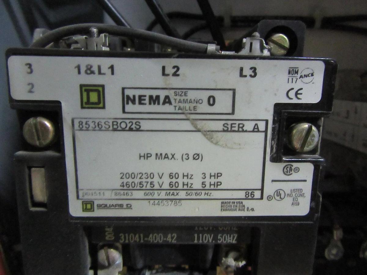 Used SQUARE D COMBINATION STARTER 8539SBG2 W/ 8536SBO2S 15 AMP 600 VAC SIZE 0