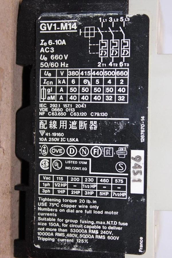 Used TELEMECANIQUE MANUAL MOTOR STARTER GV1-M14 5 HP @ 460 VAC 3 PH 6 - 10 AMPS
