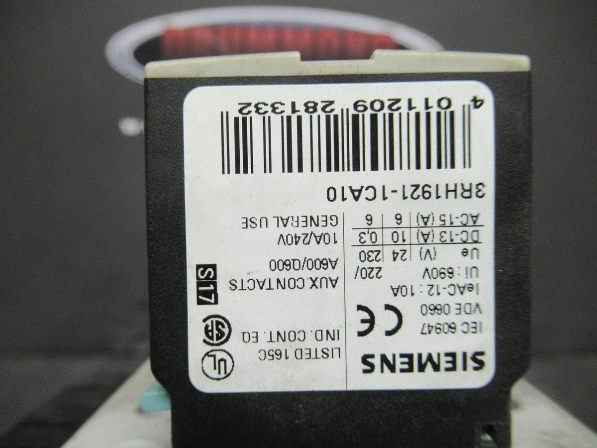 Used SIEMENS MANUAL MOTOR START 3RV1021-4BA10 600 VAC 20 AMP 20 HP