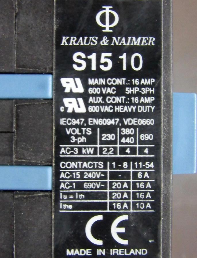 Used KRAUS & NAIMER CONTACTOR S15-10 16 AMP 600 VAC 5 HP 3-PHASE COIL: 48-50 VDC