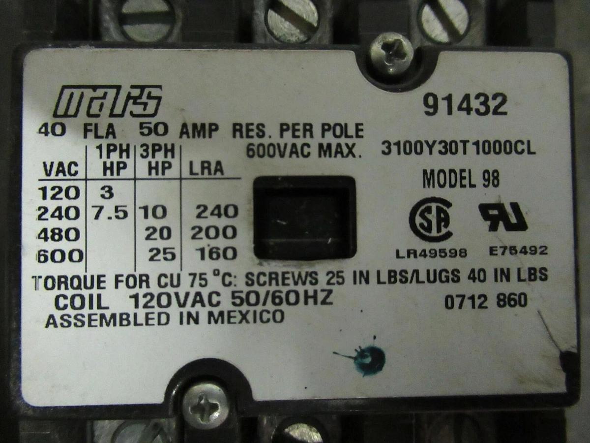Used 40 AMP MARS CONTACTOR 31400Y30T1000CL 91432 600 VAC 3 POLE 25 HP **WARRANTY**