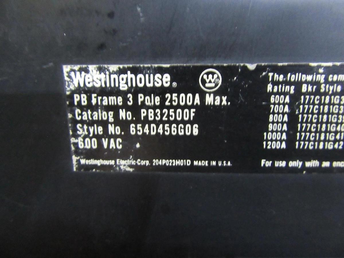 Used WESTINGHOUSE PB 2500 AMP FRAME CIRCUIT BREAKER PB32500F 3 POLE PB32500F 600 VAC