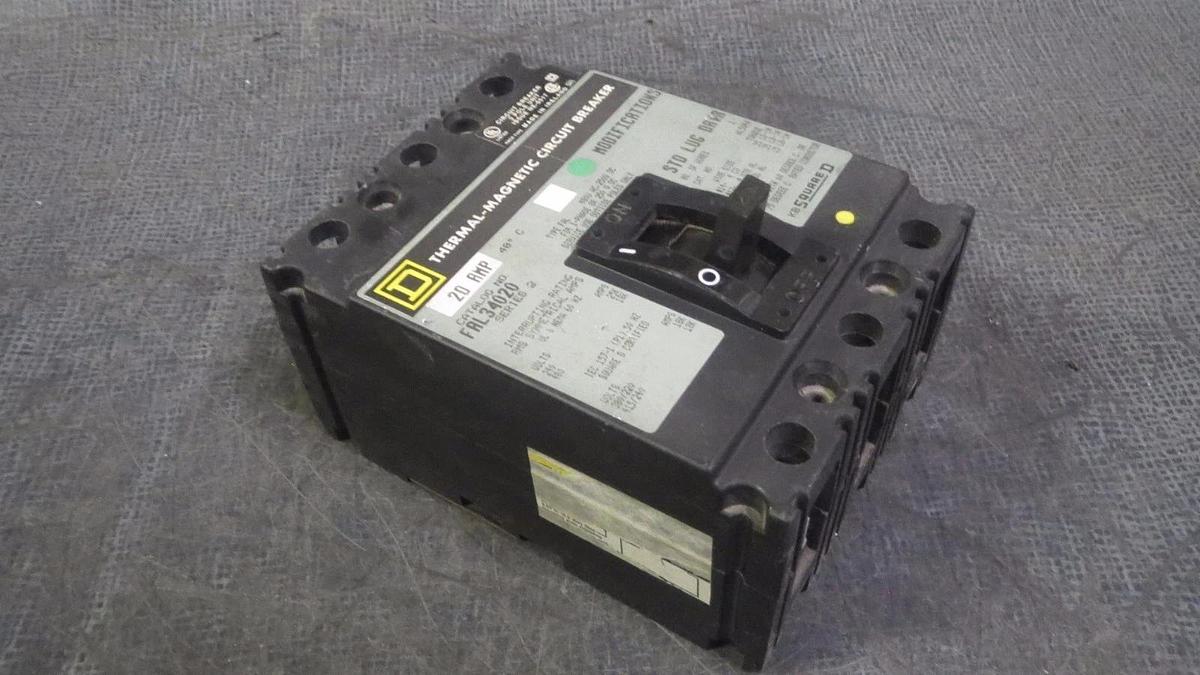 Used SQUARE D CIRCUIT BREAKER FAL34020 20 AMP 480 VAC 3-POLE 3-PHASE