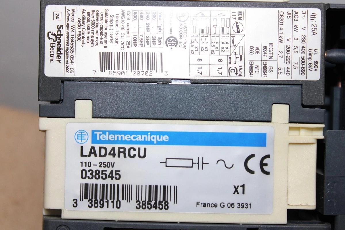 Used TELEMECANIQUE STARTER LC1D12 25 AMP 3-PHASE 600V 10HP W/ GV2ME14/6-10A