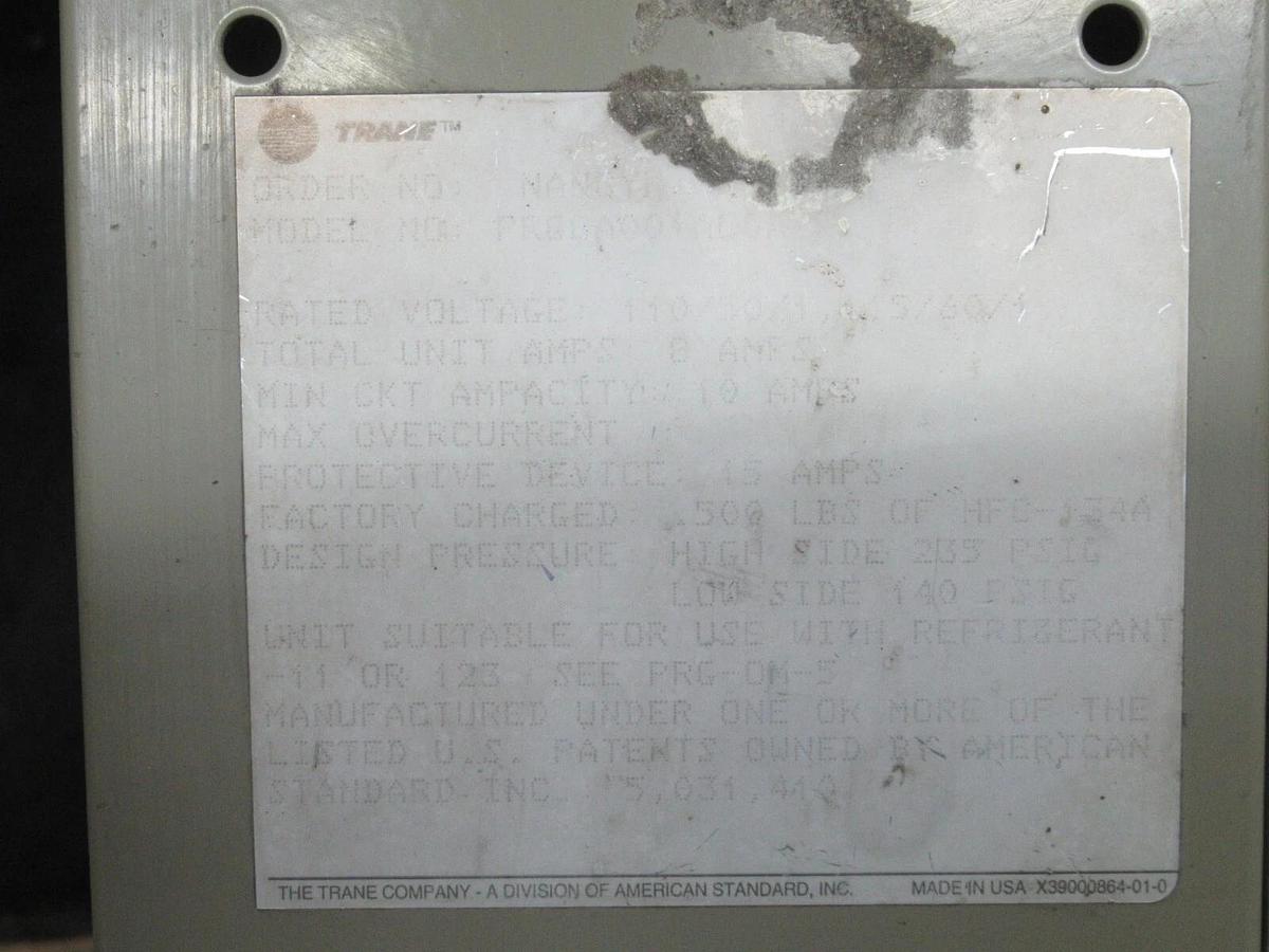 Used TRANE PURGE MODULE ENCLOSURE PRGC001AC0A X13650454-08 REV. K 110 VOLT 10 AMP