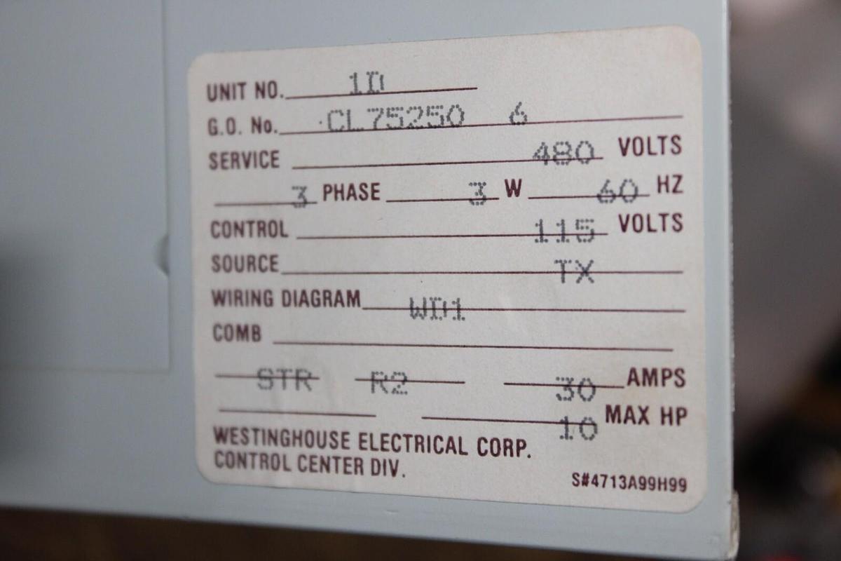 Used WESTINGHOUSE MCC MOTOR CONTROL BUCKET FREEDOM 2100 12" SIZE 1 CL75250
