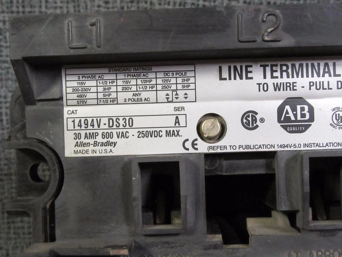 Used (1) ALLEN BRADLEY DISCONNECT SWITCH 1494V-DS30 30 AMP 600 VOLT 1494V-DS30