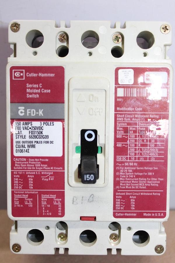Used CUTLER HAMMER MOLDED CASE SWITCH FD3150K 150 AMP 600 VAC 3-POLE FD-K FRAME