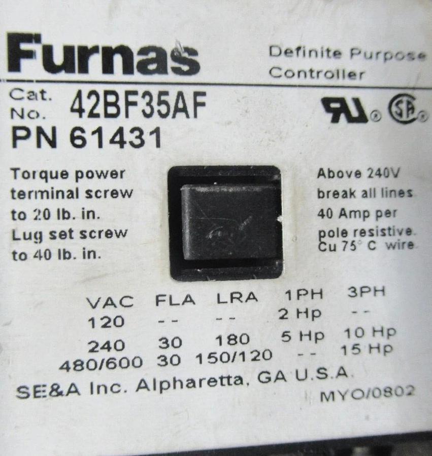 Used FURNAS CONTACTOR 42BF35AF 30 AMP 40 A RES 600 VAC 3-POLE 15 HP **WARRANTY**