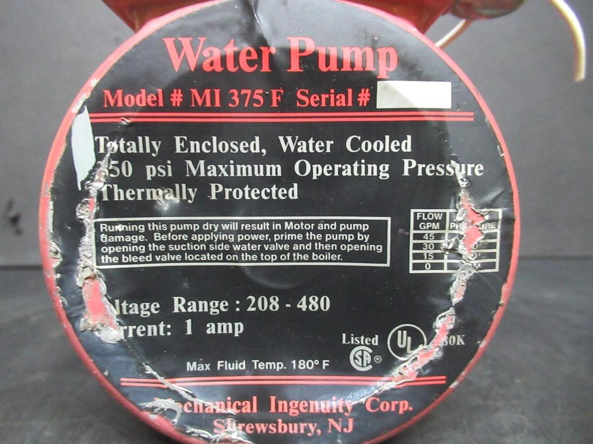 Used MECHANICAL INGENUITY WATER PUMP MI-375-F 250 PSI 480 VOLT 1 AMP 45 GPM