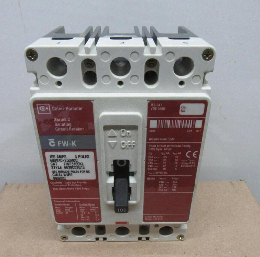 Used CUTLER HAMMER CIRUIT BREAKER FWF3100KL 100 AMP 3-POLE 600 VAC **WARRANTY**