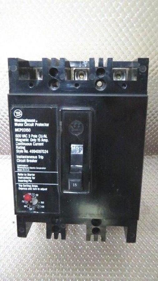 Used WESTINGHOUSE BREAKER 15 AMP 600 VAC 3 POLE MODEL MCP03150 **WARRANTY**
