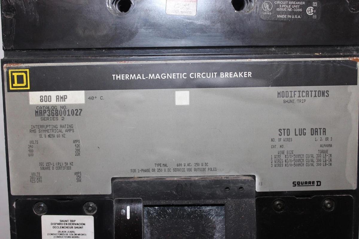 Used SQUARE D CIRCUIT BREAKER MAP368001027 600 VOLT 3-POLE 800 AMP W/ SHUNT TRIP