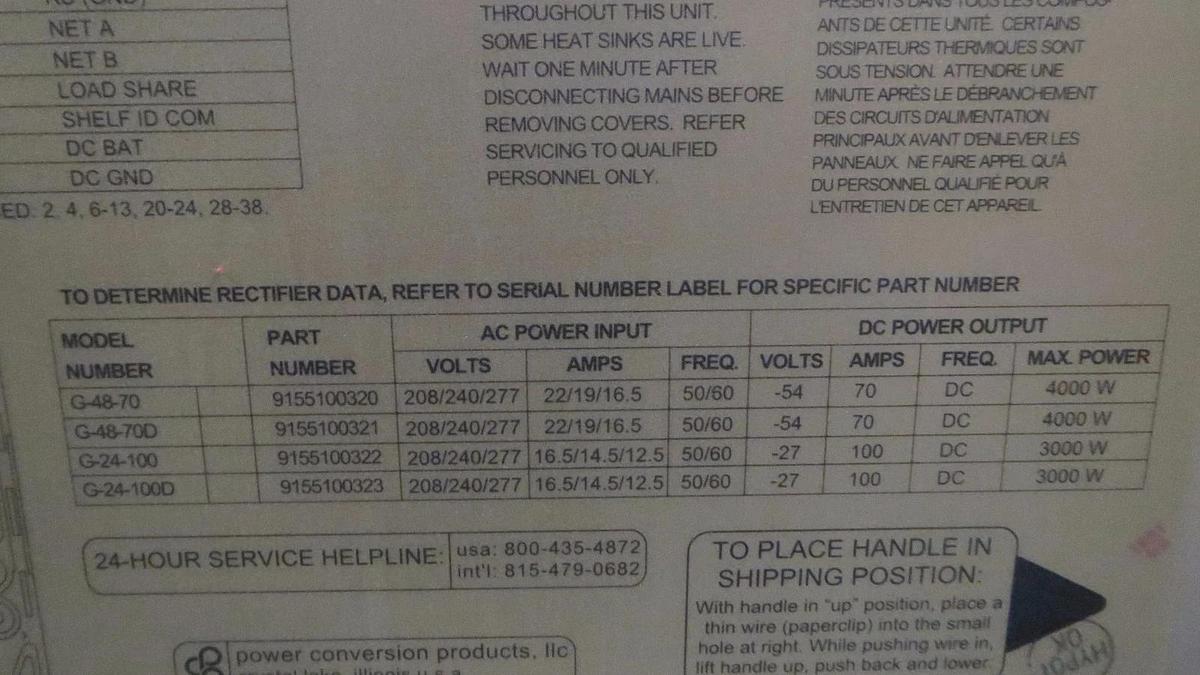 Used EMERSON / POWER CONVERSION RECTIFIER 48V 70 AMP 4000W # 9155100320 # G-48-70