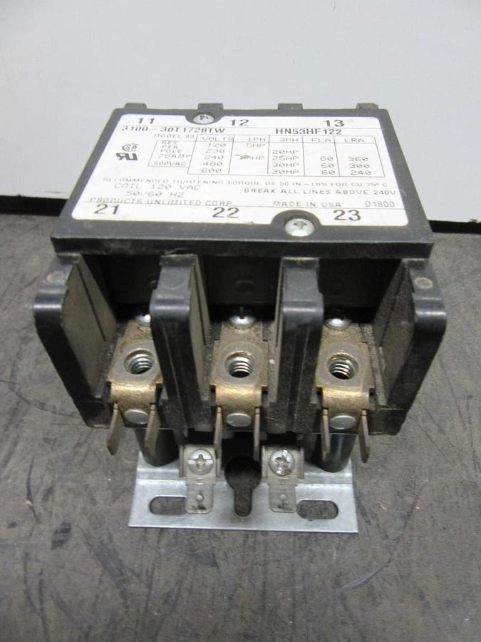 Used PRODUCTS UNLIMITED CONTACTOR 3100-30T1728TW 600 VAC 60 AMP 30 HP COIL: 120 VAC