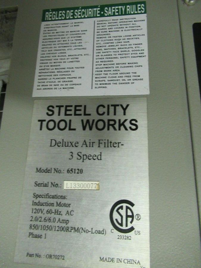 Used STEEL CITY DELUXE AIR FILTER 65120 3 SPEED MOTOR: 120 VAC 6 AMP 1200 RPM 1 PHASE
