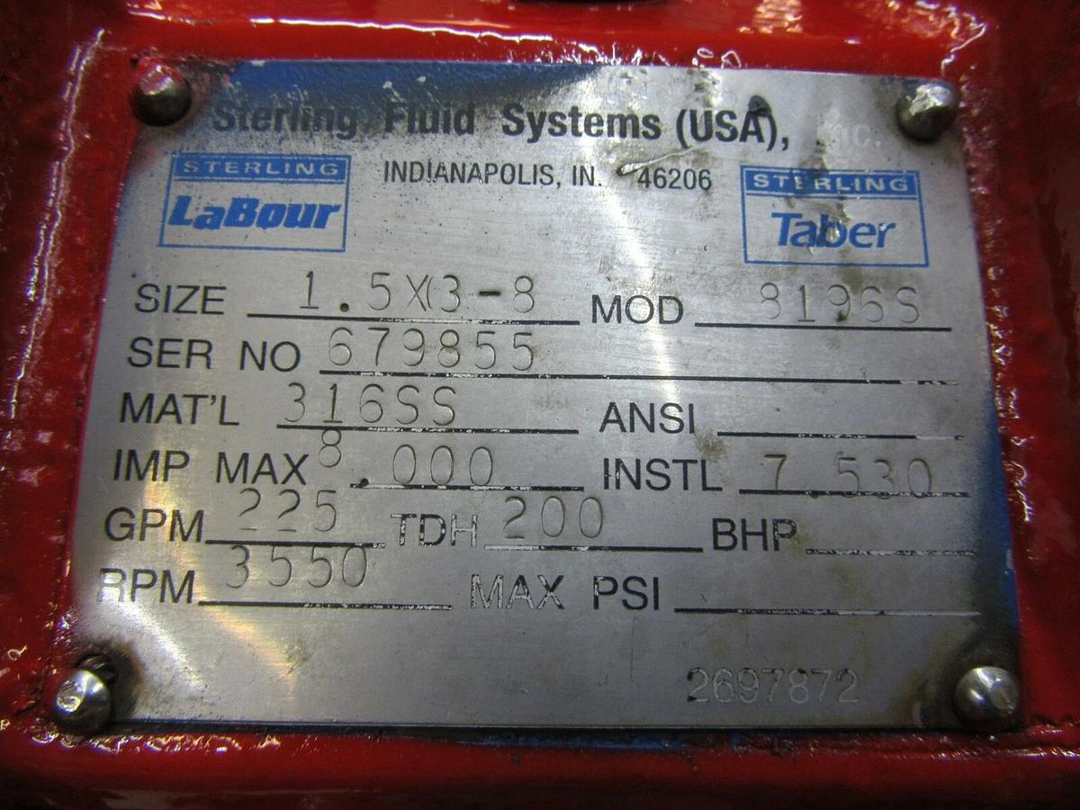 Used 25 HP STERLING PEERLESS 1.5" X 3" CENTRIFUGAL WATER PUMP 316SS 225 GPM 8" IMP