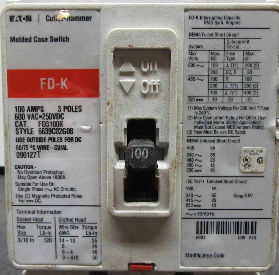 Used CUTLER-HAMMER CIRCUIT BREAKER FD3100K 100 AMP 3-POLE 600 VAC FD-K **WARRANTY**