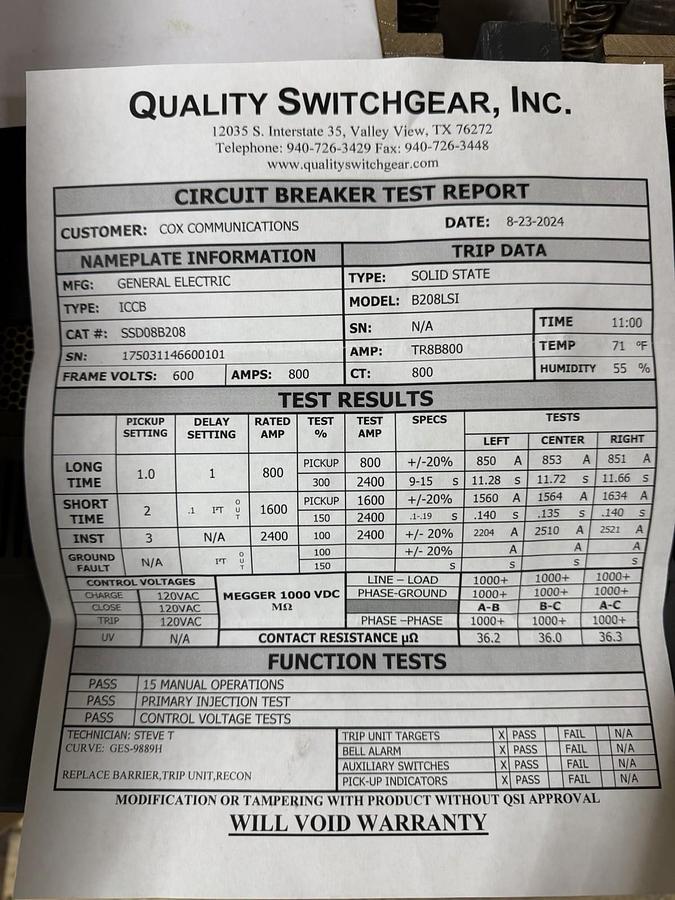 Used GE SSD08B208 800 AMP BREAKER MICRO VERSA TRIP LSI SHUNT BELL ALARM W/ PAPERWORK