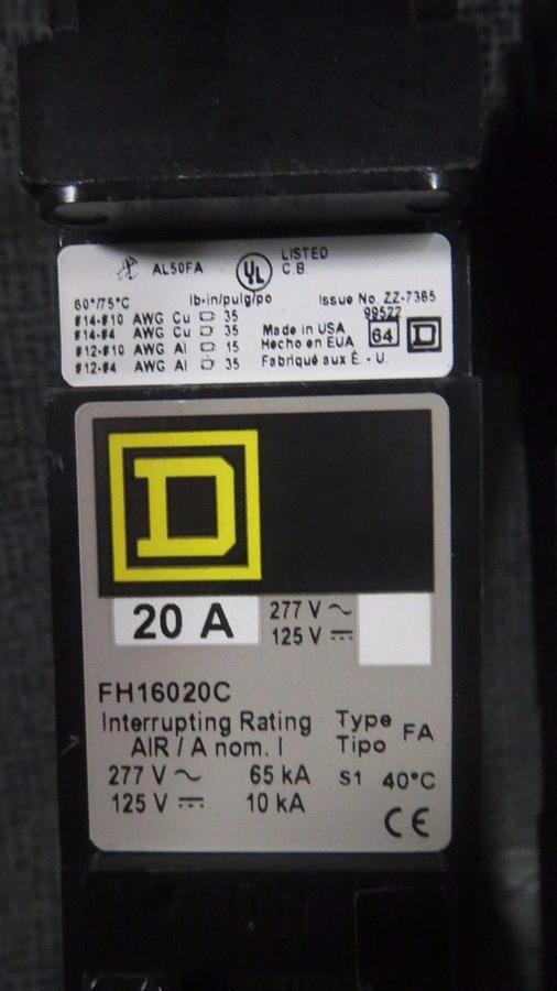 (1) SQUARE D I-LINE CIRCUIT BREAKER FH16020C SINGLE POLE 20 AMP 277 VAC