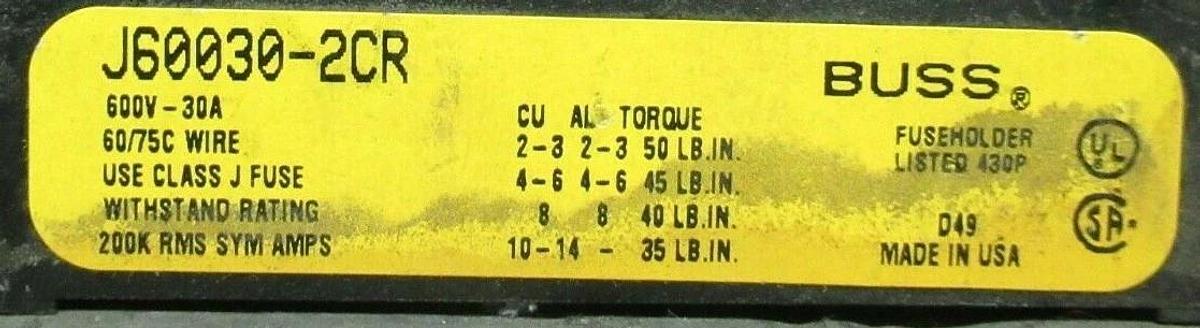 Used BUSSMANN FUSE HOLDER J60030-2CR FOR 30 AMP 600 V FUSES **WARRANTY**