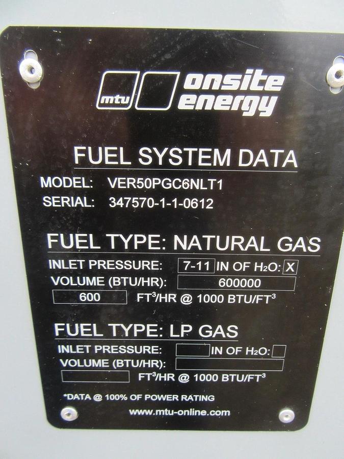 Used 50 KW GENERATOR MTU 5.0 NATURAL GAS / LP 120/208V 3 PH RE-CONNECTABLE 23 HRS