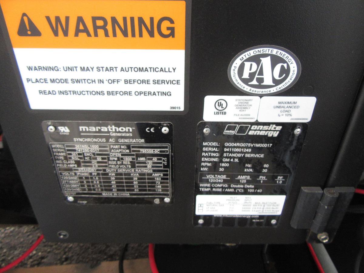 Used 30 KW GENERATOR MTU 4.3 NAT. GAS LP PROPANE 120/240 VOLT 1PH 207 HRS 40KW 2017