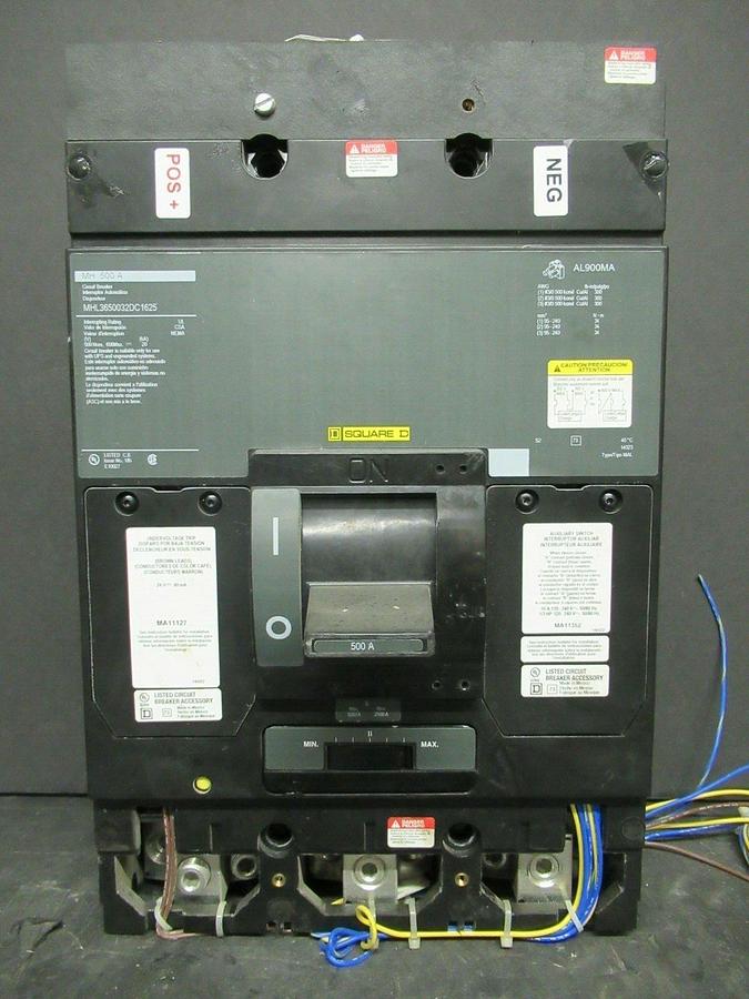 Used SQUARE D DC CIRCUIT BREAKER MHL3650032DC1625 500 AMP 600 VDC W/ UVR & AUX SWITCH